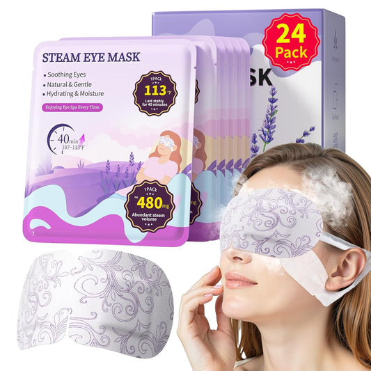 110℉ Constent Cornea Care Rest Self Heating Eye Mask 60Mins, Disposable Lavender Steam Eye Mask for Travel Sleep, Compresses for Dry Eyes, Relaxing Gifts 24 Packs