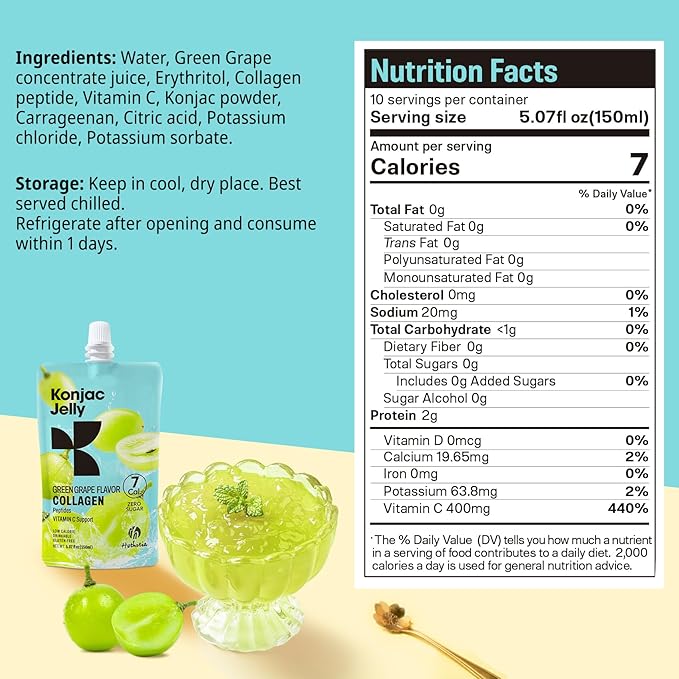 Konjac Jelly Green Grape Flavor with Collagen Peptides 10 Packs and Konjac Rice Gluten Free 12 Packs Low Calorie, Keto, Sugar Free, Healthy Food