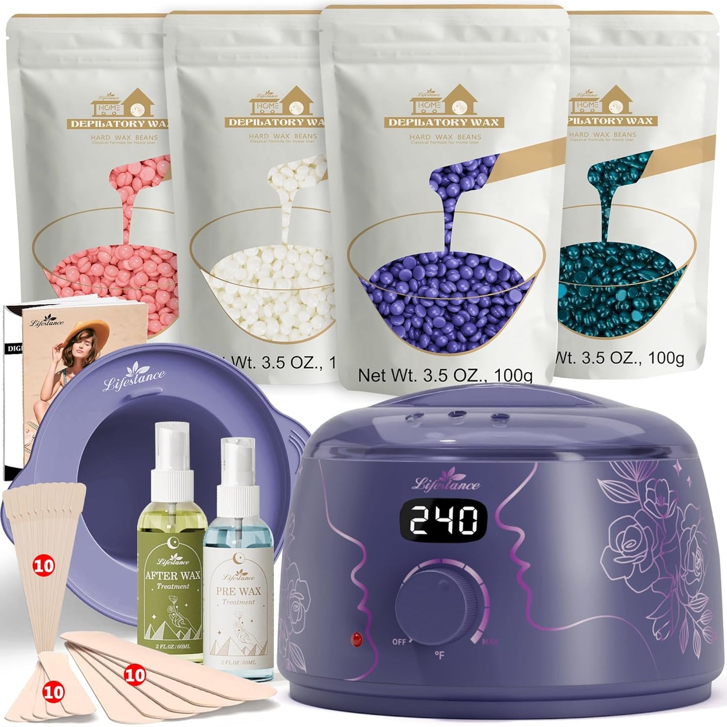 Lifestance Waxing Kit for Women & Men - L2 Amethyst Trace Digital Warmer, Silicone Wax Pot Liner, Hair Removal with 14.1oz Hard Wax Beads & Oil Spray, Professional for Home Brazilian Bikini Face Leg