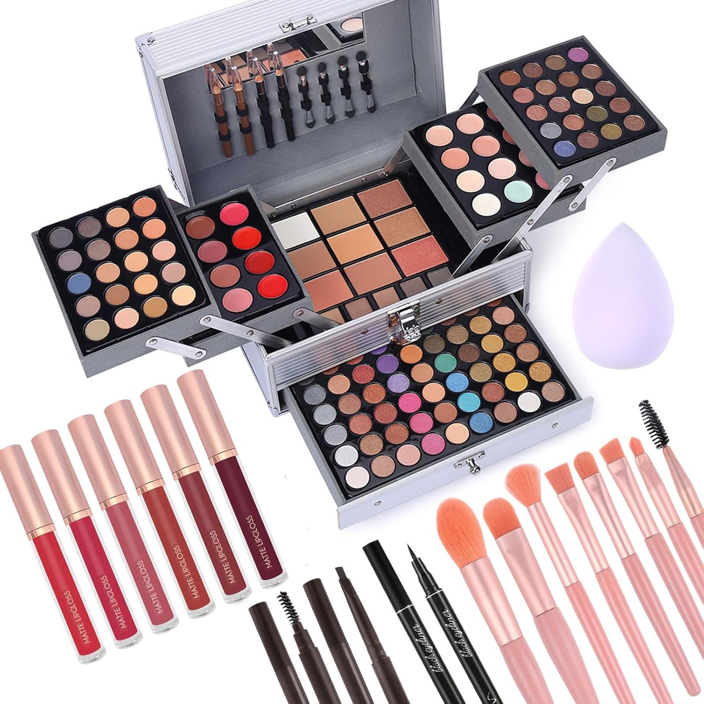 Makeup Gift Set For Women Girls, All in One Full Makeup Kit with Eyeshadow, Lip Gloss, Concealer, Blush, Contour, Highlighter Face Brushes Liquid Lipsticks Eyebrow Pen Mascara Eyeliner Pencil Sponge