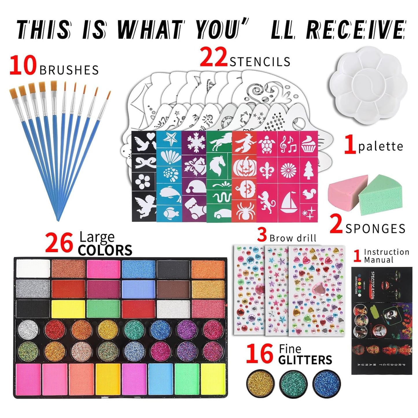 42 Color Face Paint Kit for Kids, Brushes, Sponges, Gems, Stickers, Non-Toxic Water-Based Makeup Palette Face Painting Kit for Kids Ideal Halloween, Parties, Festivals, Body Art & More