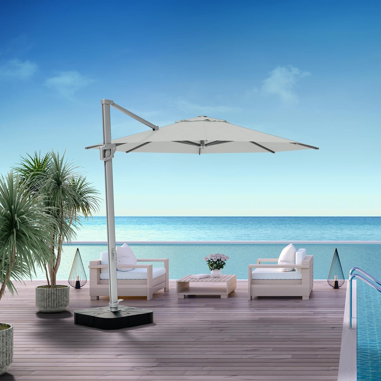 Midtown Umbrellas 10 Ft Outdoor Cantilever Patio Umbrella w/Terylast Off Cream Fabric - Rotate Tilt 360° Offset Patio Umbrella, Deck Patio Umbrella, Backyard Umbrella & Garden Umbrella - Silver Frame