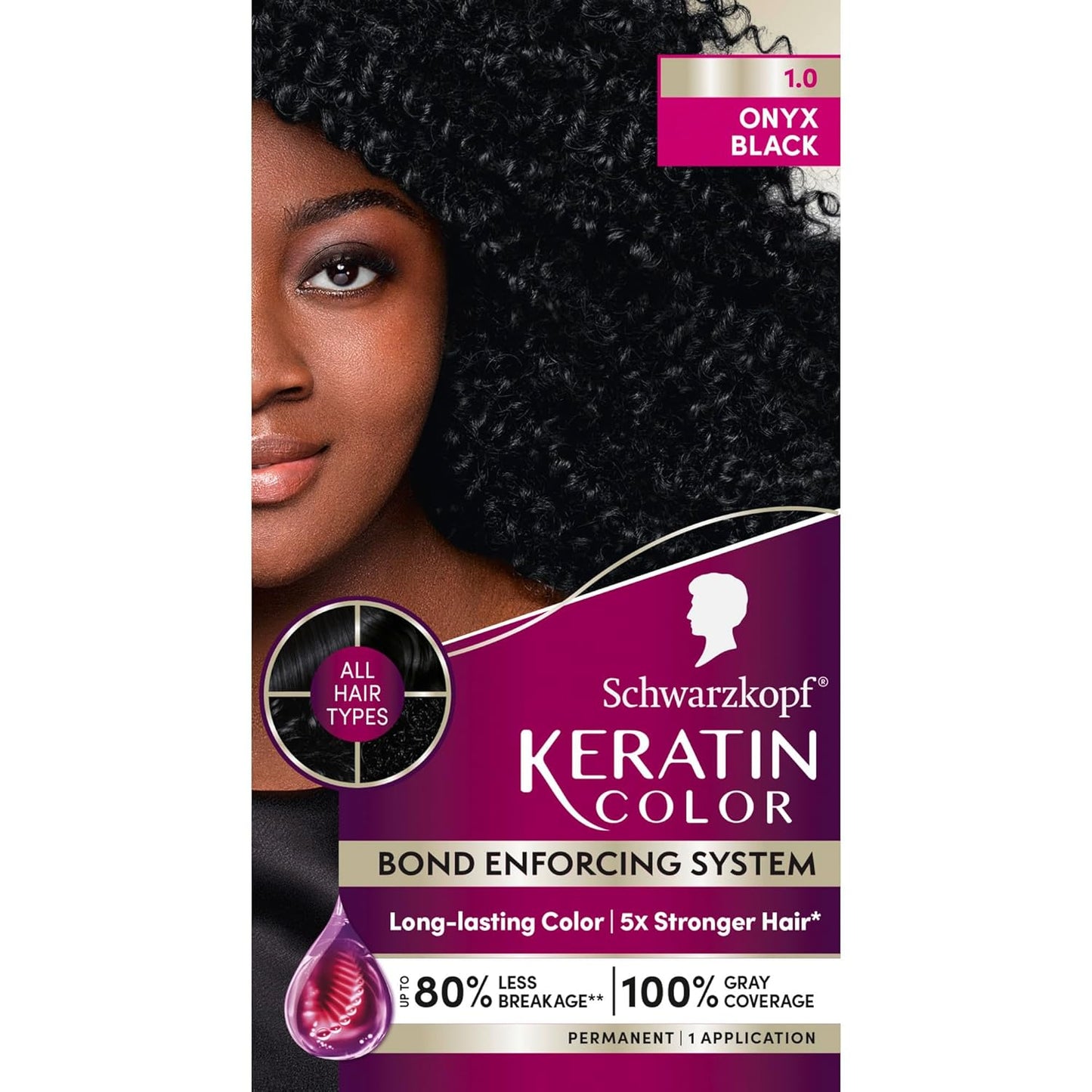 Schwarzkopf Keratin Permanent Hair Dye Cream, 1.0 Black Onyx, Professional Quality Color for Up to 100% Gray Coverage, Bond Enforcing System
