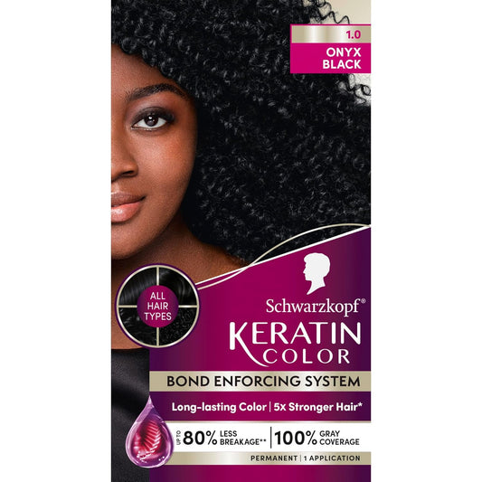 Schwarzkopf Keratin Permanent Hair Dye Cream, 1.0 Black Onyx, Professional Quality Color for Up to 100% Gray Coverage, Bond Enforcing System