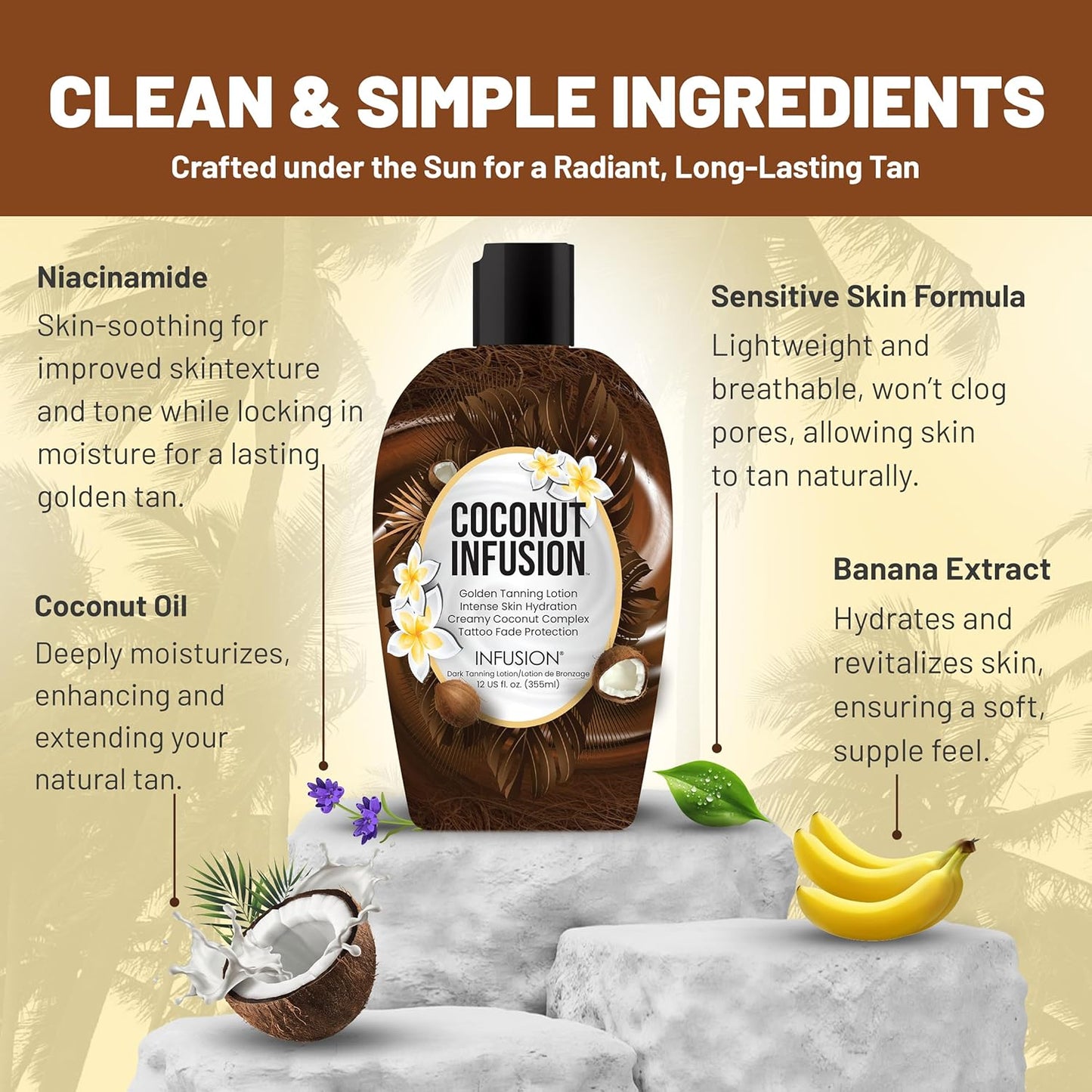 Coconut Infusion Tanning Lotion – Indoor & Outdoor Tan Accelerator – Hydrating, Safe for Face, Body, and Tattoos – Coconut Vanilla Scent – No Bronzer, Compatible for All Skin Types