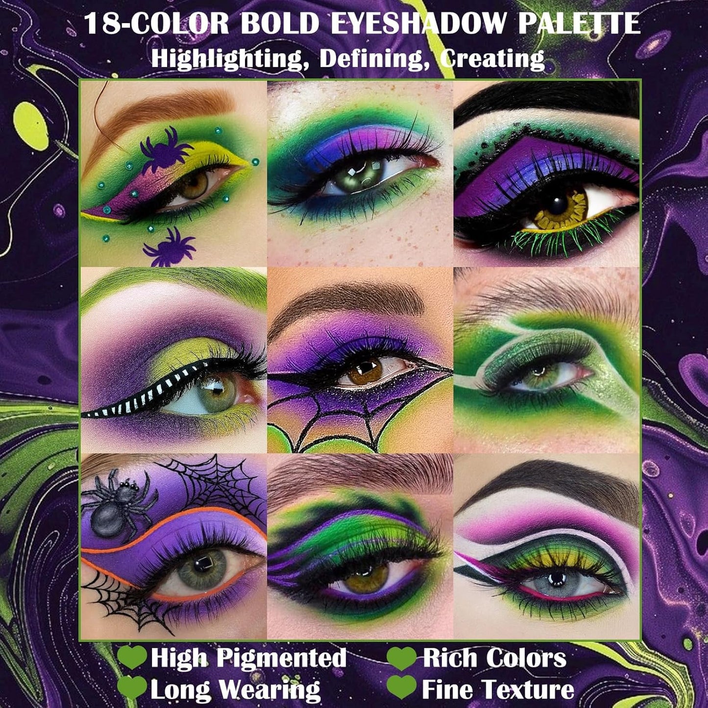 Green Purple Goth Eyeshadow Palette Makeup- 18 Colors Matte Shimmer Metallic Bright & Dark Smoky Gothic Eye Shadows for Halloween Christmas Grinch Witch Beetle-juice Ursula SFX Cosplay Costume Make Up