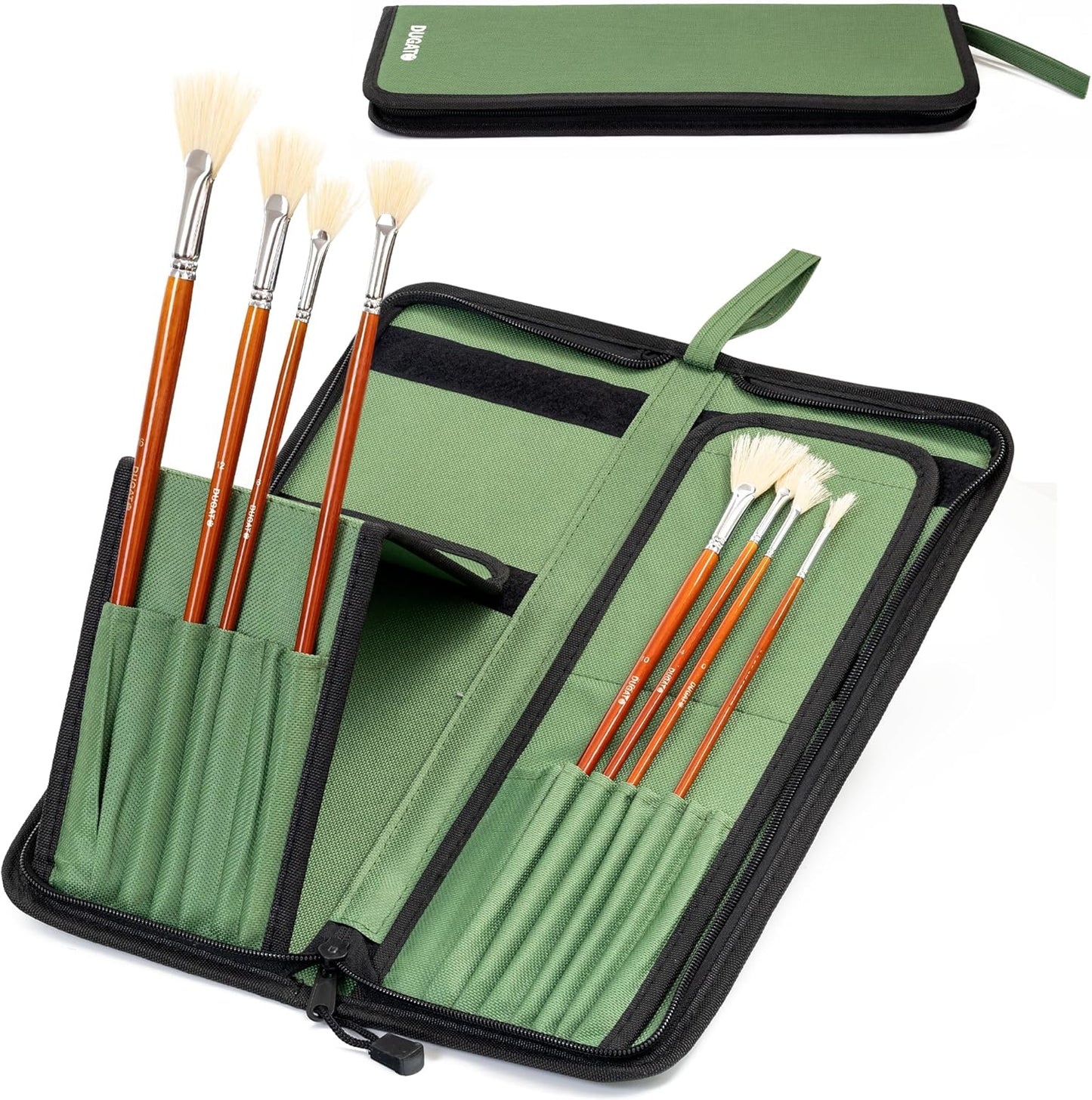 DUGATO Long Canvas Paint Brush Holder Zippered 5.7x14.8 inch, Premium Art Case for Brushes Long Handle up to 13" Length, 15 Slots Storage for Artist (Brush Not Included) - Green