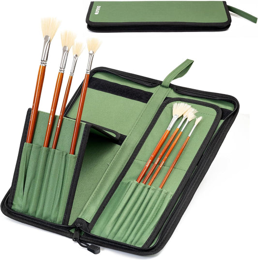 DUGATO Long Canvas Paint Brush Holder Zippered 5.7x14.8 inch, Premium Art Case for Brushes Long Handle up to 13" Length, 15 Slots Storage for Artist (Brush Not Included) - Green