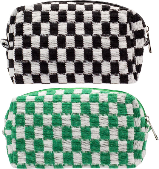 PAZIMIIK Checkered Makeup Bag for Purse Portable Zipper Make Up Pouch Small Cosmetic Case for Travel Accessories (2PCS Black Green)