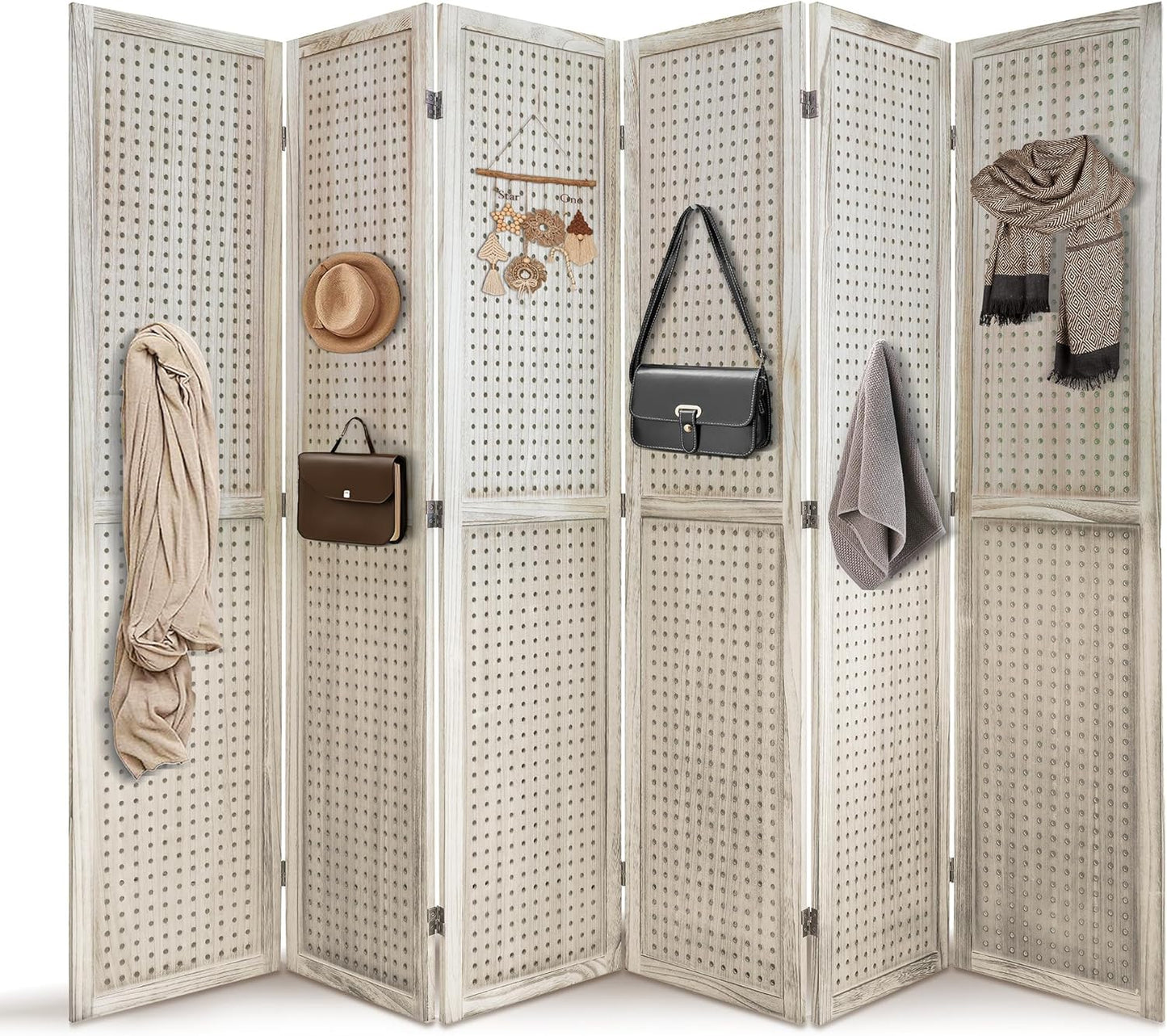 6 Panel Room Divider with Pegboard Display 5.6FT Wood PegBoard Room Dividers, Folding Privacy Screens Portable Freestanding Partition Wall Divider for Art Shows & Room Separation, Natural Wood