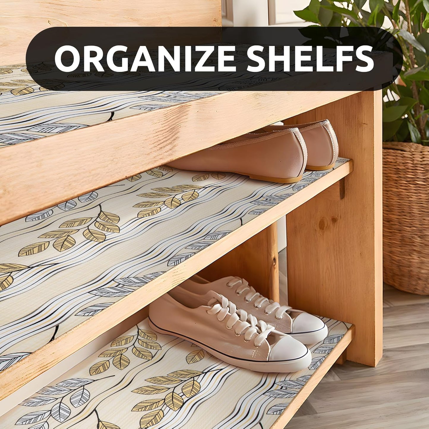 RAY STAR 18X96 Inch Shelf Liner for Kitchen Cabinets, Non-Adhesive Cabinet Liner Washable, PVC Drawer Liner for Dresser Non-Slip Bathroom (Beige Leaf)(1 Roll)