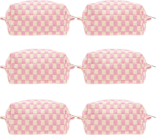 PAZIMIIK 6PCS Checkered Makeup Bag for Purse Portable Zipper Make Up Pouch Small Cosmetic Case for Travel Accessories Pink Beige