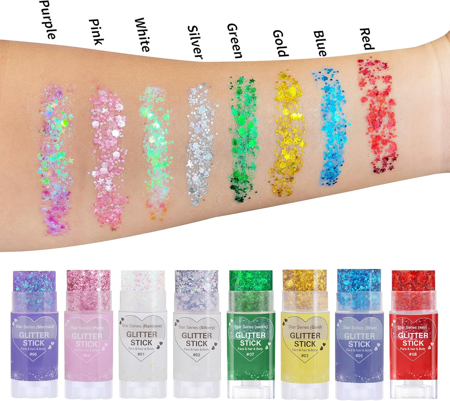 Rainbow White Hair Glitter Stick,Mermaid Costume Body Face Glitter, Singer Concert Halloween Star Glitter Makeup for Kids and Women,Waterproof Rave Accessories Sequins Body Paint