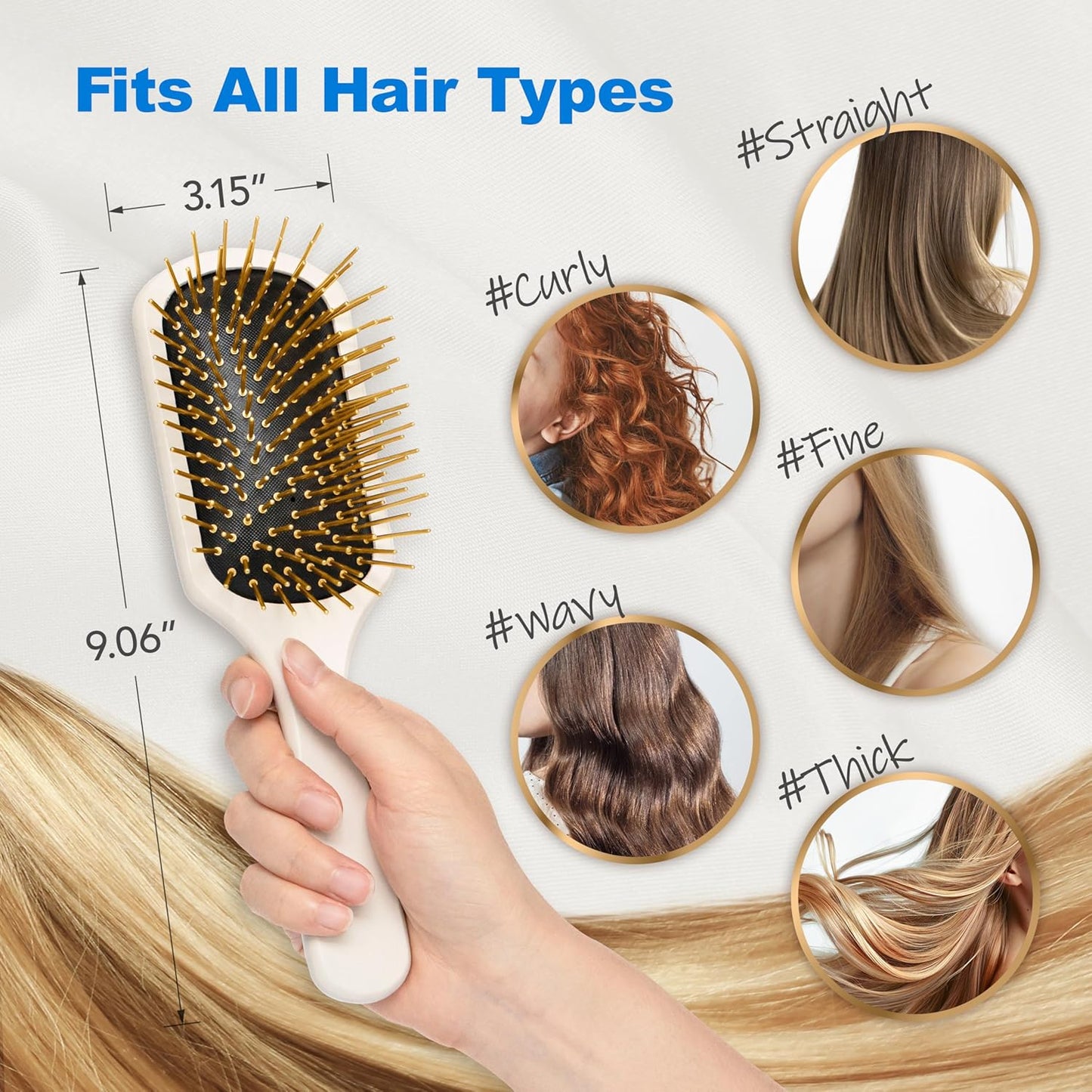 24K Gold Plated Paddle Hair Brushes for Women, Brush for Curly Hair, Detangling Brush for Wet & Dry, Detangler for All Types, Hair Styling Tool for Blow Drying, Luxury Salon Quality