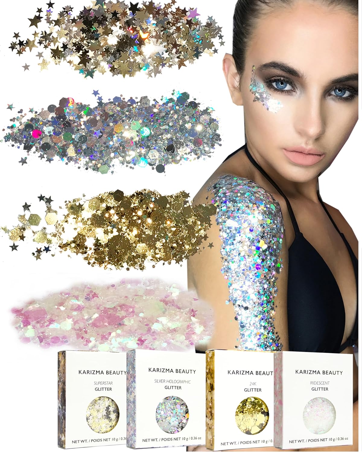 KARIZMA Metallic Glitter Pack! 4X 10g Chunky Face Glitter, Hair Glitter, Eye Glitter and Body Glitter for Women and Men. Rave Glitter, Festival Accessories and Cosmetic Glitter Makeup