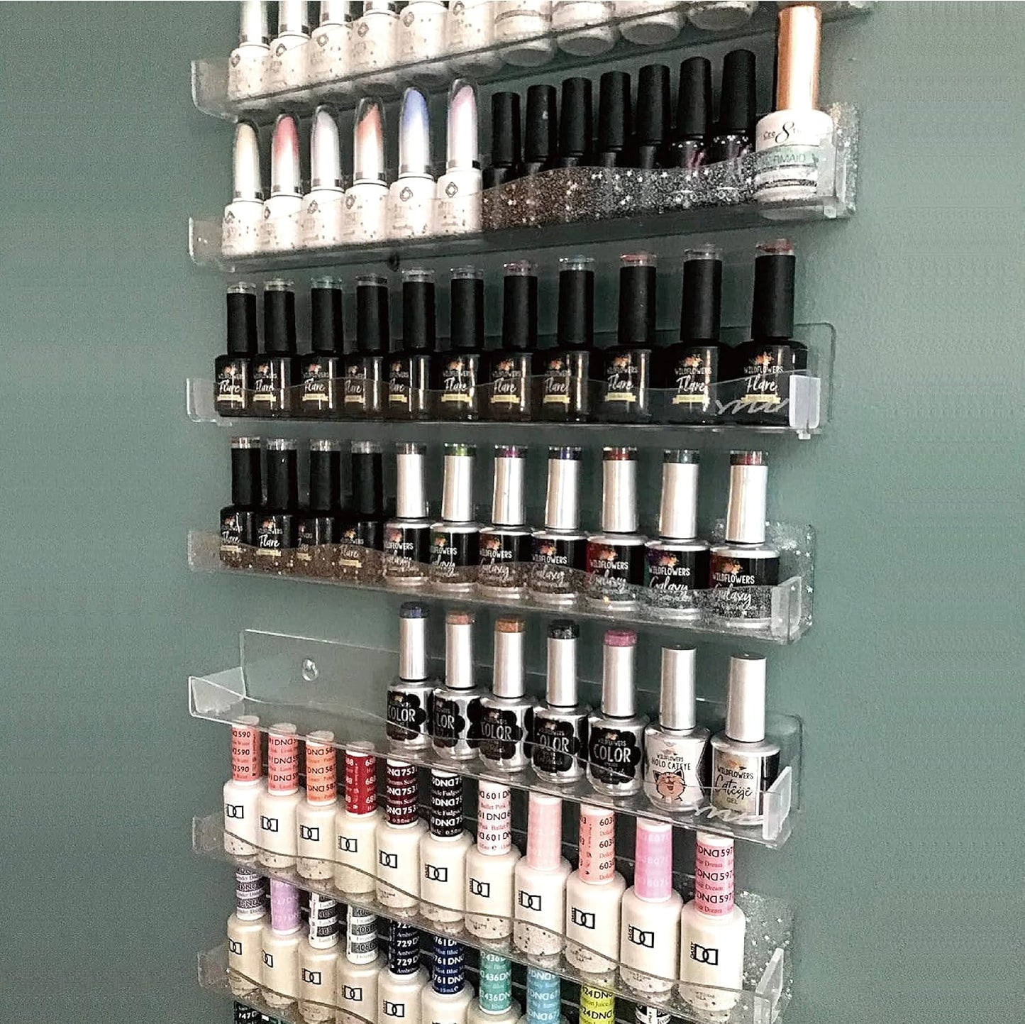 YMVV Clear Acrylic Nail Polish Rack Wall Mounted Shelf,6 Pack Organizer with Unique Wavy Lines,Nail Supplies for Techs,Great Display Salons Retailers