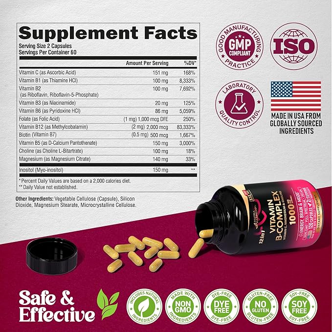 Vitamin B Complex for Men & Women - Made in USA - B-Complex: B1, B2, B3, B5, B6, B7, B8, B9, B12 with Vitamin C, Choline, Inositol - Energy, Brain & Heart Support Supplement, 120 Vegan Capsules