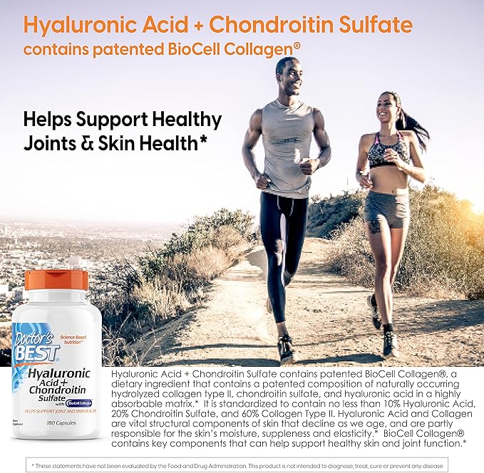 Doctor's Best Hyaluronic Acid with Chondroitin Sulfate, Featuring BioCell Collagen, Non-GMO, Gluten Free, Soy Free, Joint Support, 180 Count (Pack of 1)