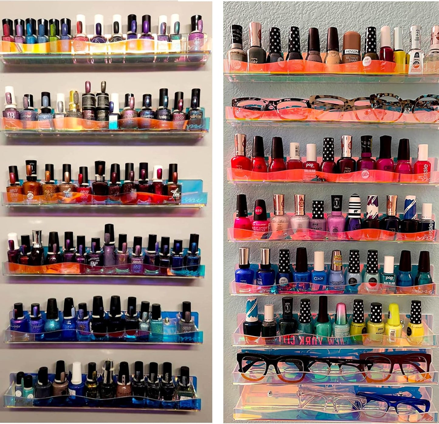 YMVV 15" Nail Polish Rack Wall Mounted Shelf,6 Pack Clear Rainbow Iridescent Acrylic Organizer Nail Supplies for Nail Techs,Great Display for Salons Retailers