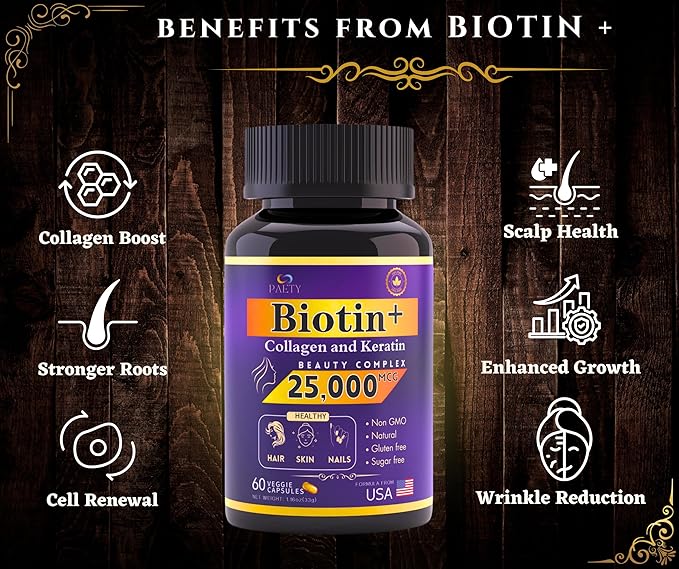 Revitalize Your Beauty! Biotin, Collagen & Keratin Complex – 25,000 mcg with Hyaluronic Acid & B Vitamins – Clinically Tested for Lush Hair, Radiant Skin, Strong Nails – 60 Capsules