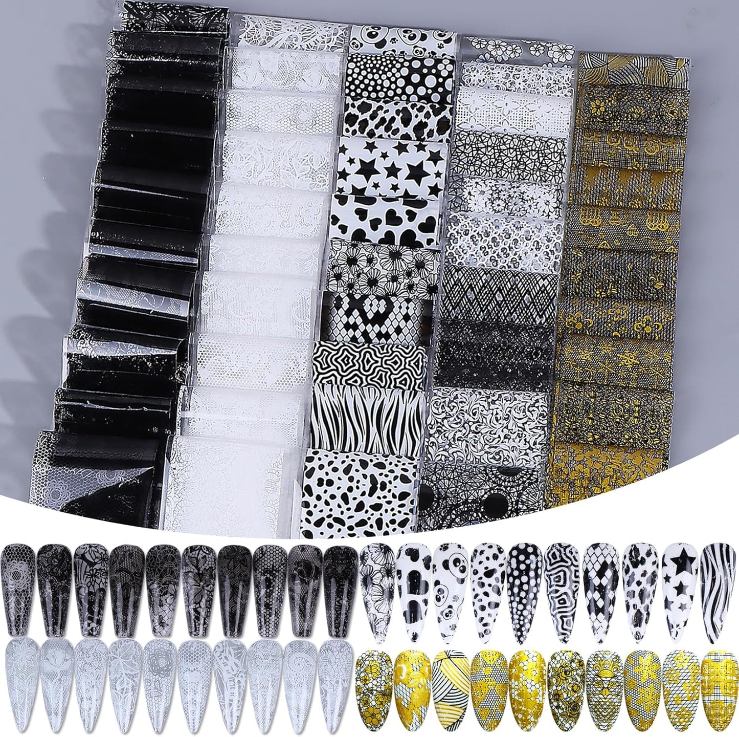 Lace Nail Transfer Foil Stickers 50PCS Black White Flower Lace Nail Foils Line Geometry Prints DIY Starry Paper Sheets Nails Art Decoration for Women Bride Wedding DIY Daily Designs Manicure Film