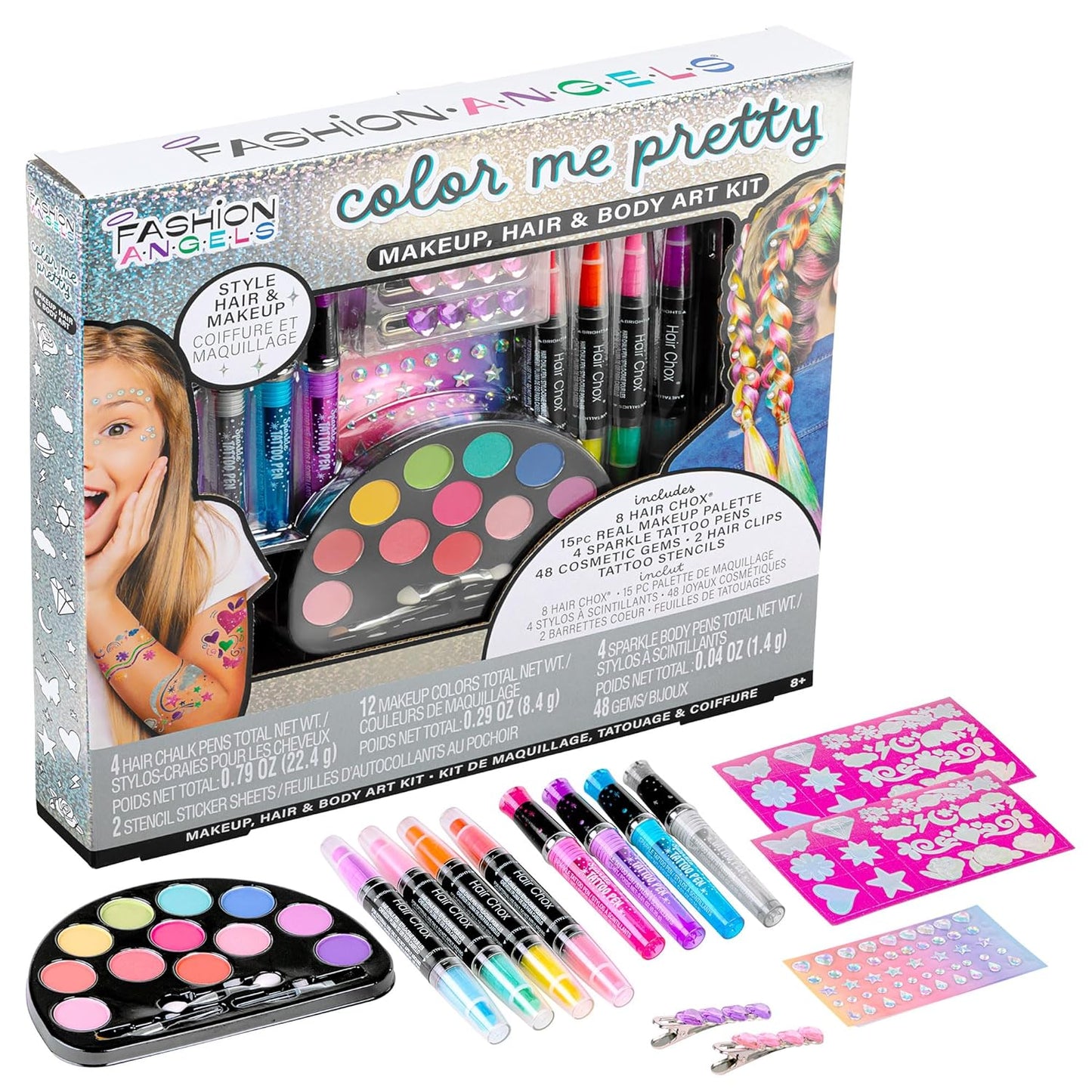 Fashion Angels Color Me Pretty Makeup, Hair & Body Art Kit, Set Includes Hair Chox, Real Makeup Palette, Sparkle Tattoo Pens & More, Ideal Gift for Girls