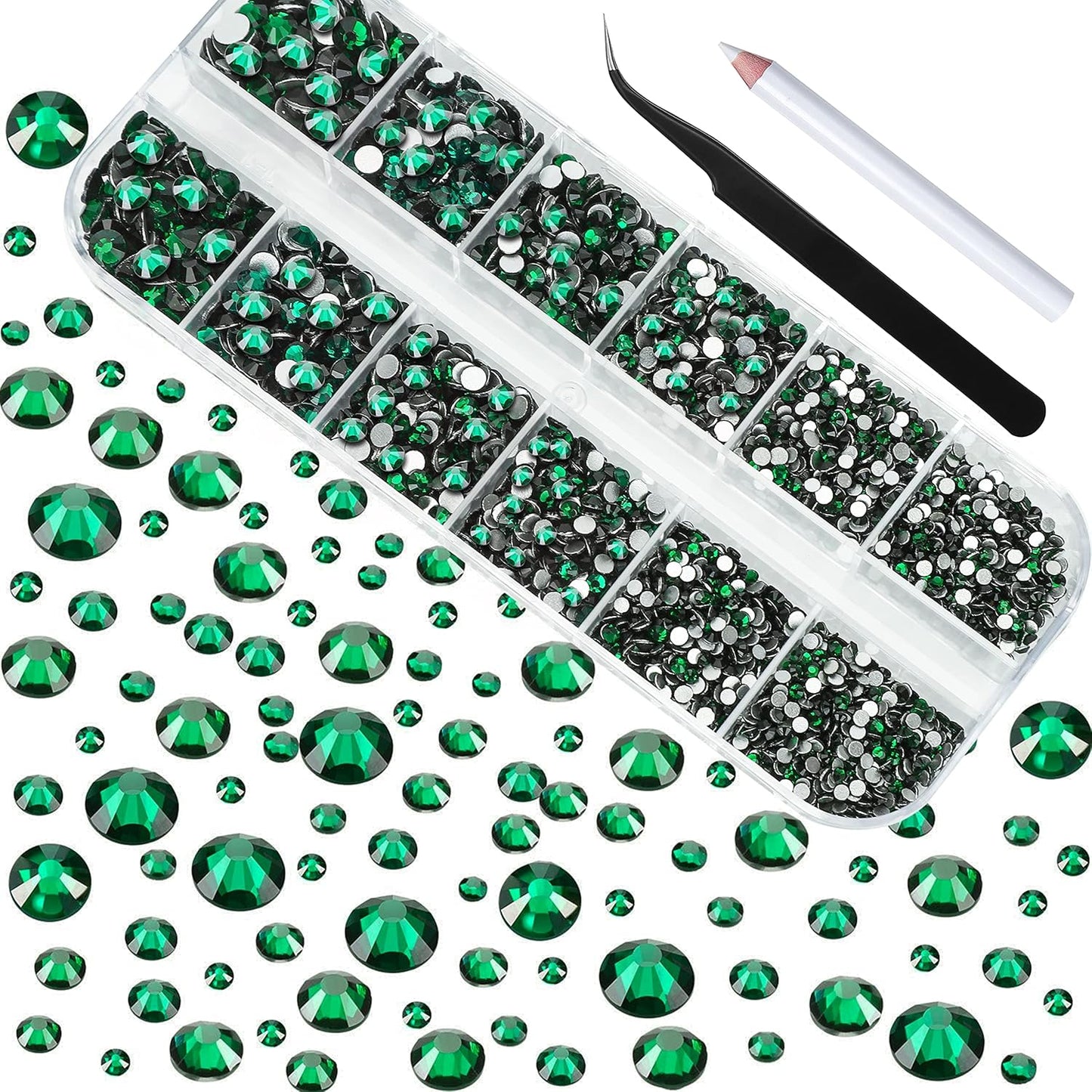 HUETFAT 2400pcs Flatback Rhinestones Gems Nail Diamonds-Glass Nail Crystals 6 Sizes (1.5-4.8 mm) Green Nail Art Rhinestones Kit with Tweezers and Wax Pencil Gems for Crafts/Tumblers/Face Eye Makeup