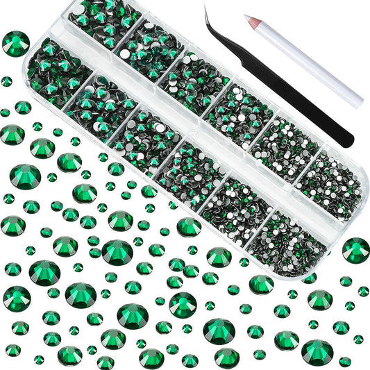 HUETFAT 2400pcs Flatback Rhinestones Gems Nail Diamonds-Glass Nail Crystals 6 Sizes (1.5-4.8 mm) Green Nail Art Rhinestones Kit with Tweezers and Wax Pencil Gems for Crafts/Tumblers/Face Eye Makeup
