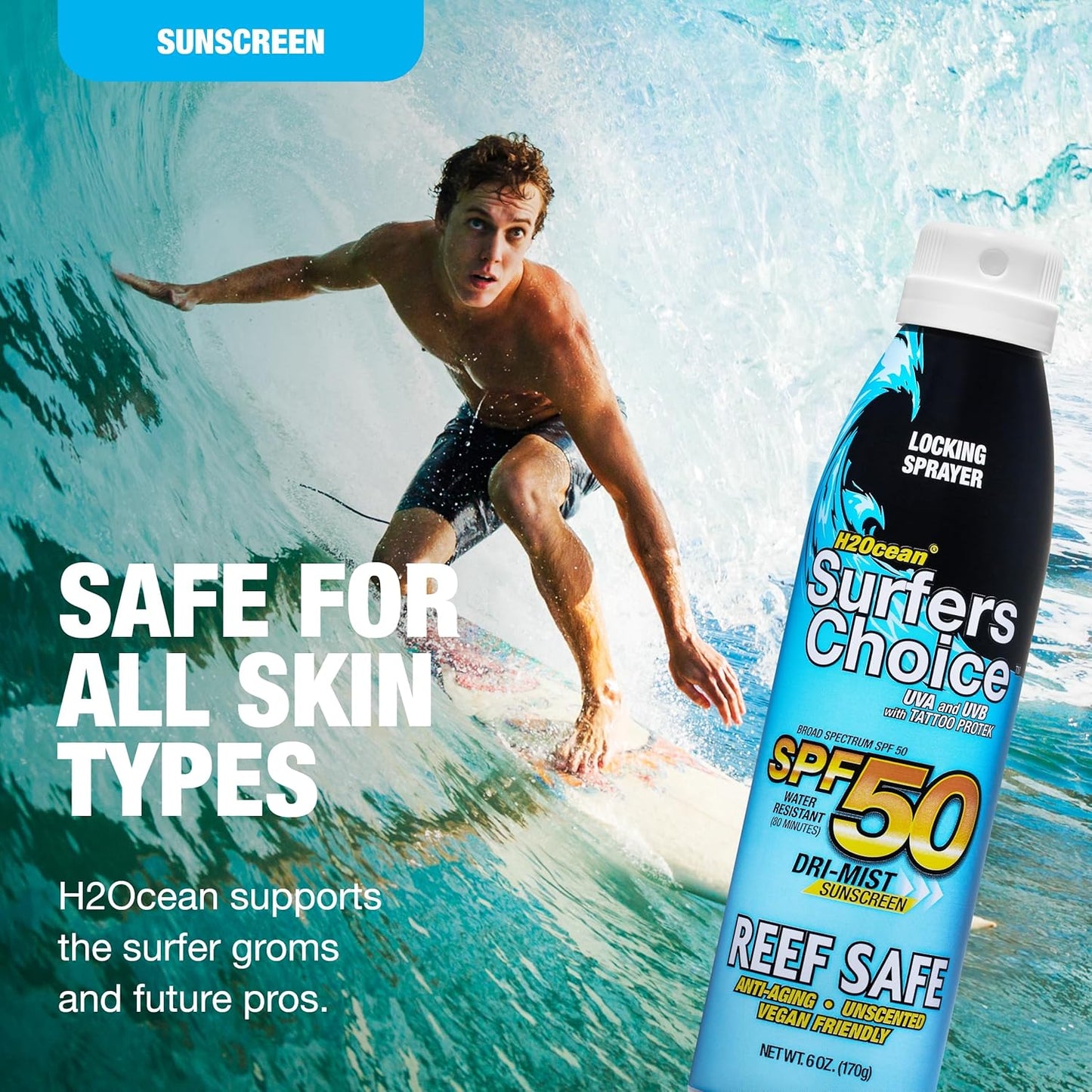 H2Ocean Surfers Choice SPF 50 Spray - Quick-Drying Sunscreen Spray for Tattoo Aftercare & UV Protection - Reef-Safe Sun Protection for All Ages - 6 oz (Pack of 2)