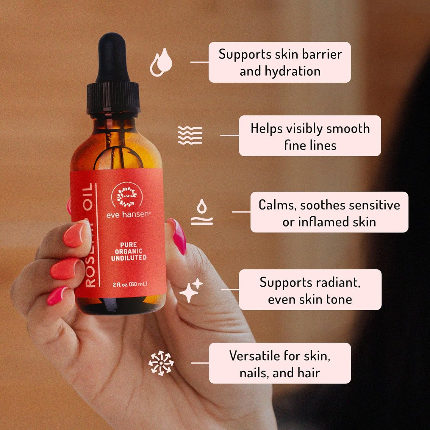 Eve Hansen Rosehip Oil for Face & Skin – Organic Cold-Pressed Rosehip Seed Oil | Hydrating & Fast-Absorbing Moisturizer | 2oz