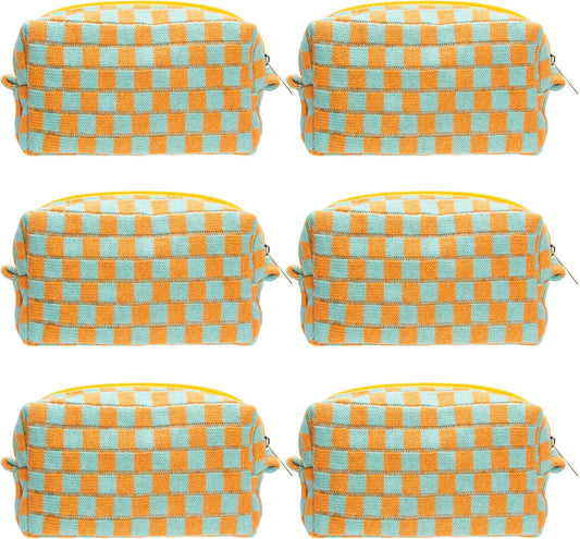 PAZIMIIK 6PCS Checkered Makeup Bag for Purse Portable Zipper Make Up Pouch Small Cosmetic Case for Travel Accessories Orange Green