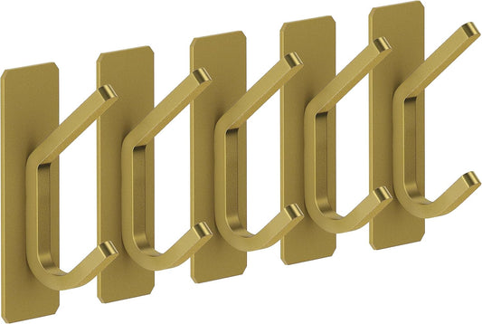 Brushed Gold Self Adhesive Towel Hooks for Bathroom Wall Door Mounted - SUS304 Stainless Steel Strong Strips Stick on 3M Wall Hooks for Hanging Coat, Hat, Bag, Key, Jacket – 5 Pack