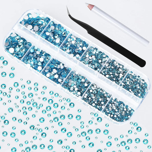 2400 Pcs Flatback Gems Rhinestones Round Crystal Nail Gems 6 Sizes (1.5-4.8 mm) Nail Jewels Glass Diamonds Stones Kit with Tweezers and Picking Pen, for Nail Art DIY Craft Eye Makeup (Aquamarine)