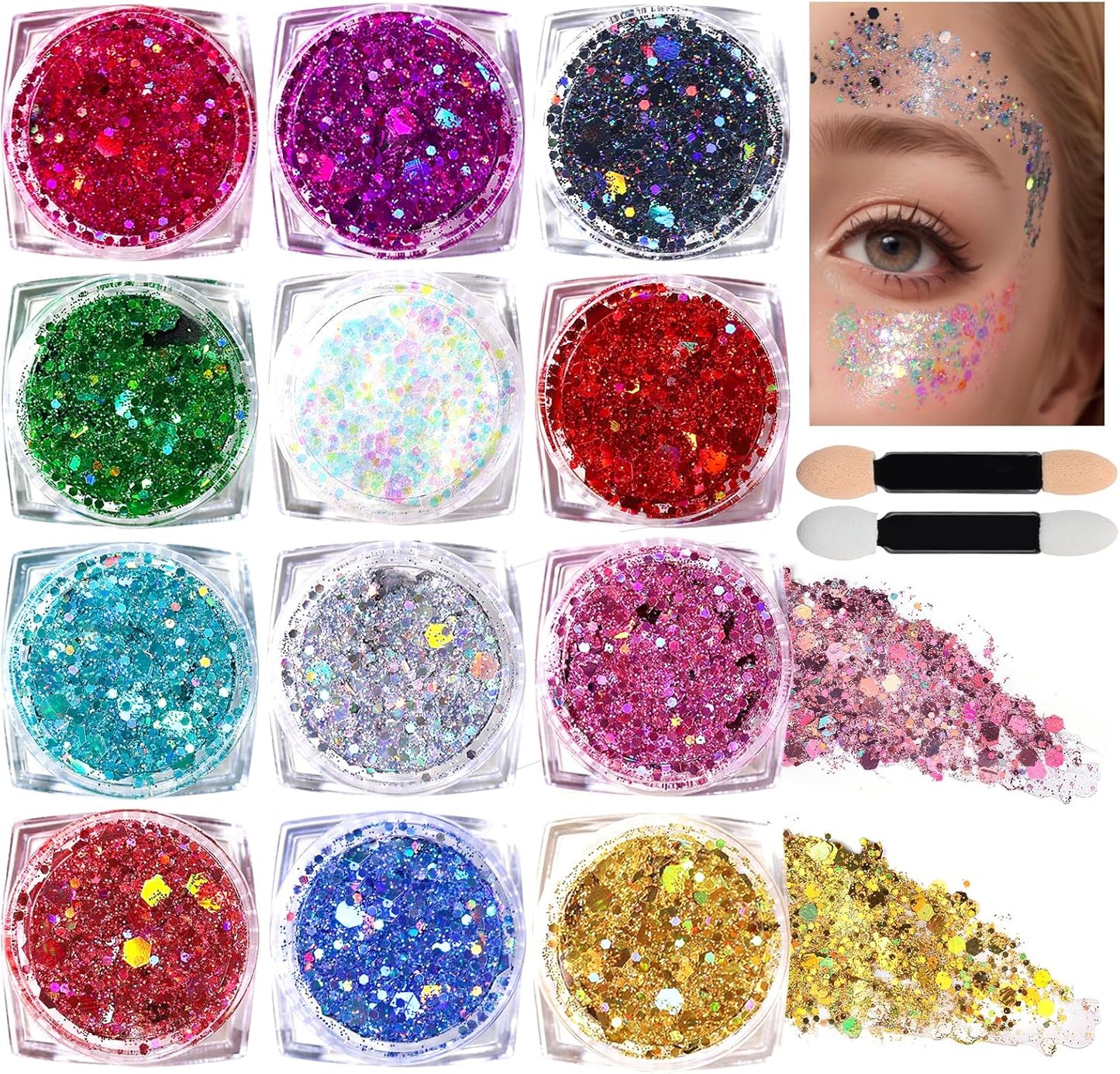 Teenitor Body Glitter Face Glitter Makeup Festival Glitter, 12 Colors Face and Body Glitter Gel, Hair Glitter Gel, Body Makeup