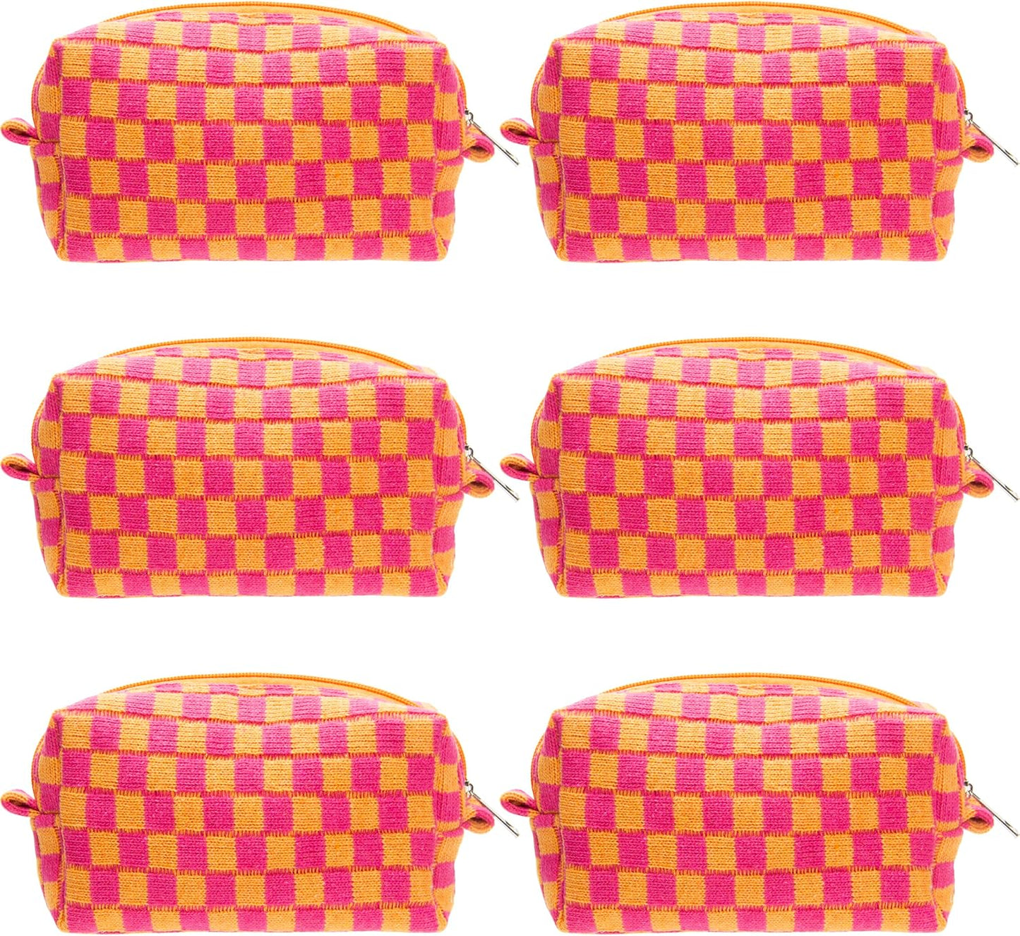 PAZIMIIK 6PCS Checkered Makeup Bag for Purse Portable Zipper Make Up Pouch Small Cosmetic Case for Travel Red Orange
