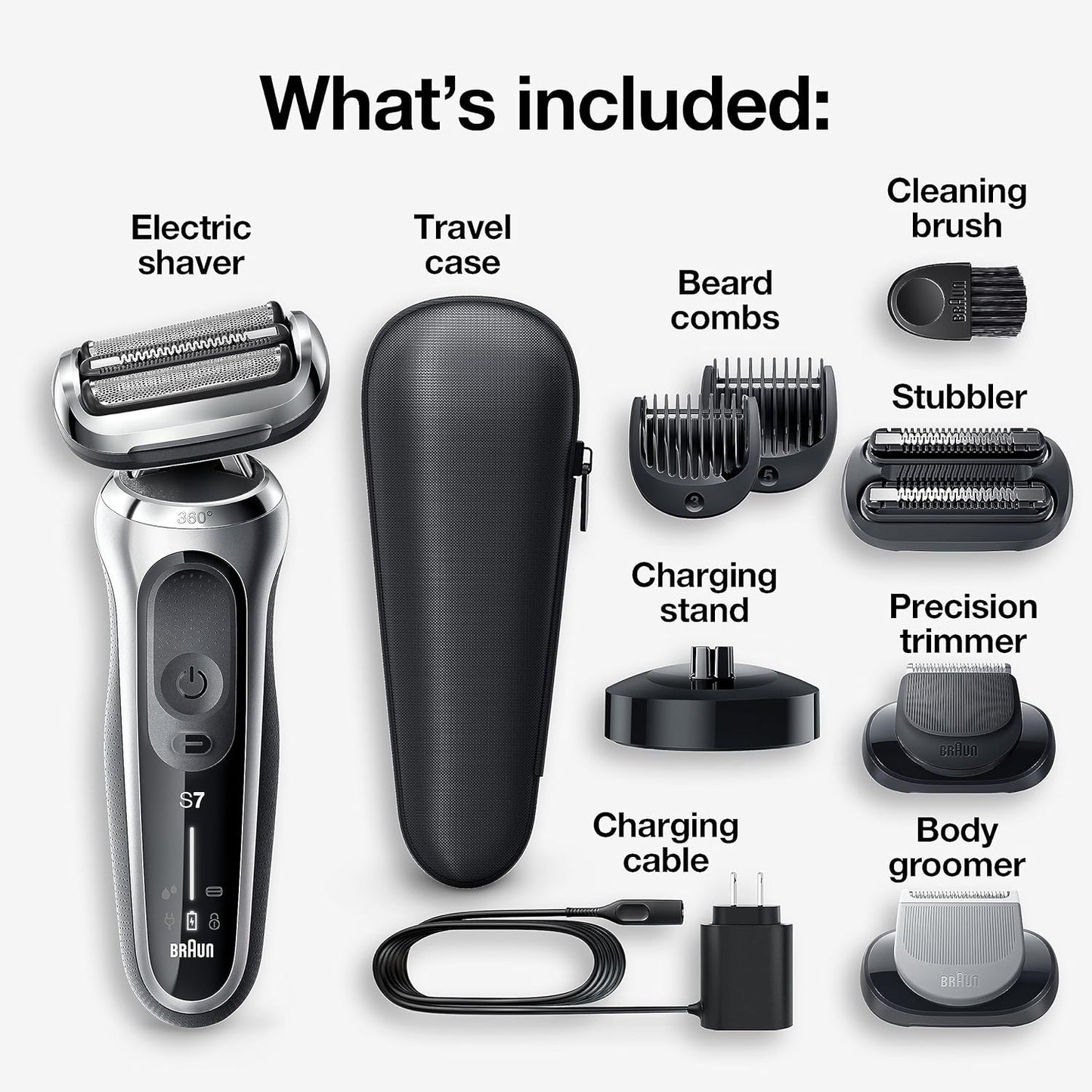 Braun Series 7 7032cs Flex Electric Razor for Men, Wet & Dry, Electric Razor, Rechargeable, Cordless Foil Shaver with Beard Trimmer and Charging Stand, Silver