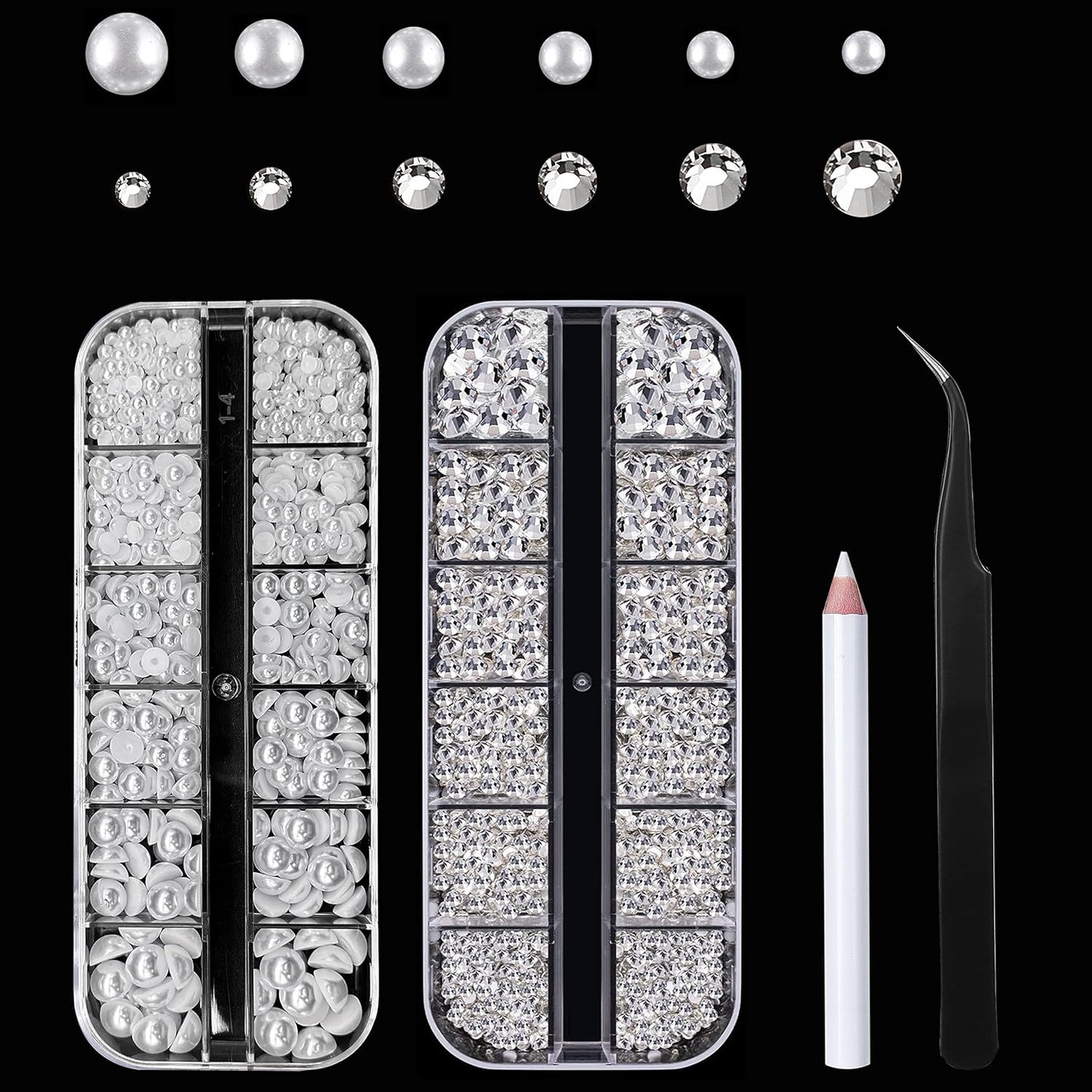 Gems Flat Back Pearls and Rhinestones for Nails,Crystals Nail Charms Diamonds for Acrylic Nails,Tiny Nail Pearls Beads for Nail Art,Small Eye Jewels Rhinestones Pearls,with Wax Pen And Tweezers(White)