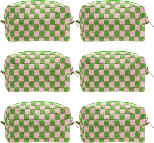 PAZIMIIK 6PCS Checkered Makeup Bag for Purse Portable Zipper Make Up Pouch Small Cosmetic Case for Travel Accessories Pink Green