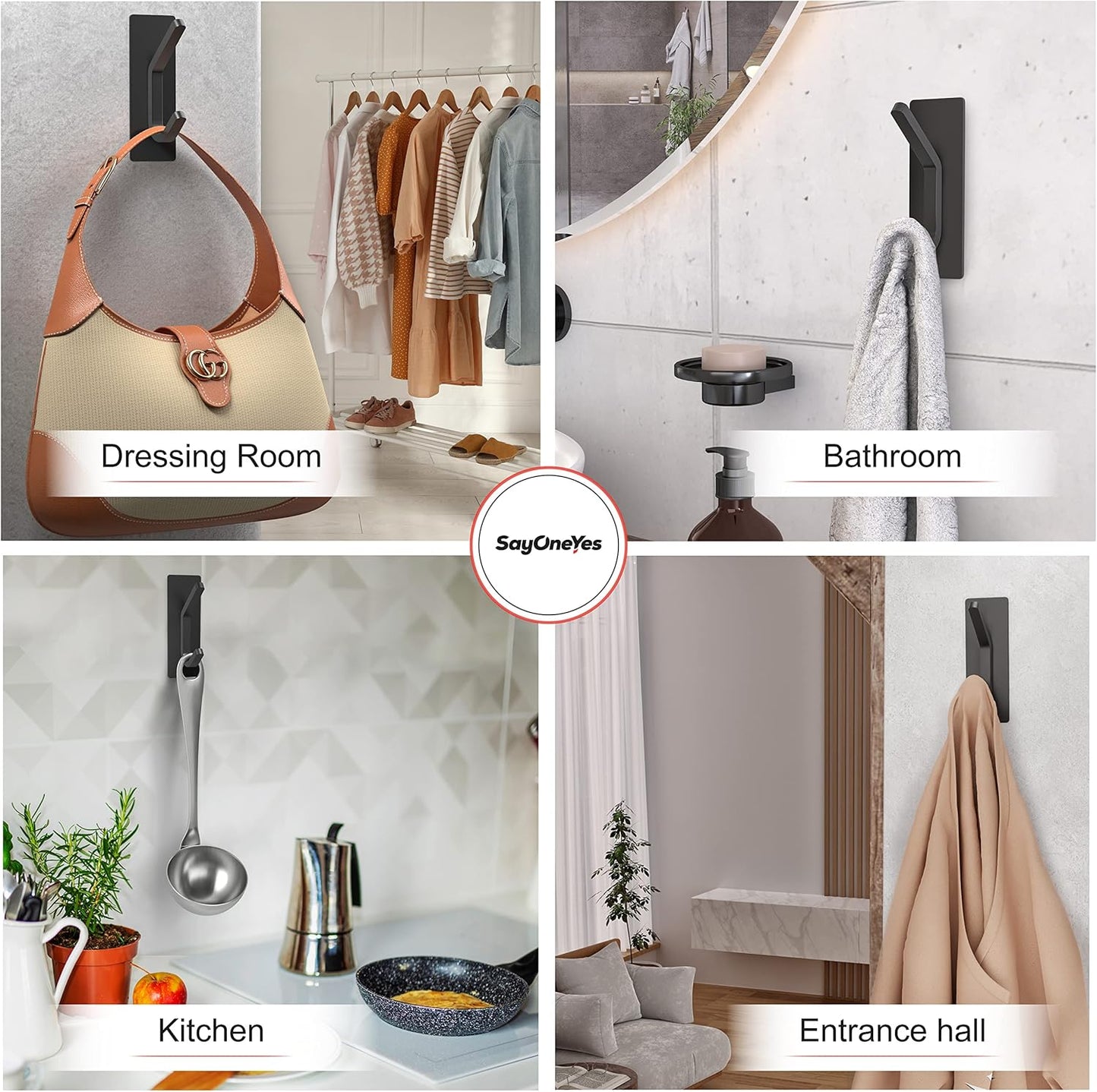 Matte Black Self Adhesive Towel Hooks for Bathroom Wall Door Mounted - SUS304 Stainless Steel Strong Strips Stick on 3M Wall Hooks for Hanging Coat, Hat, Bag, Key, Jacket – 5 Pack