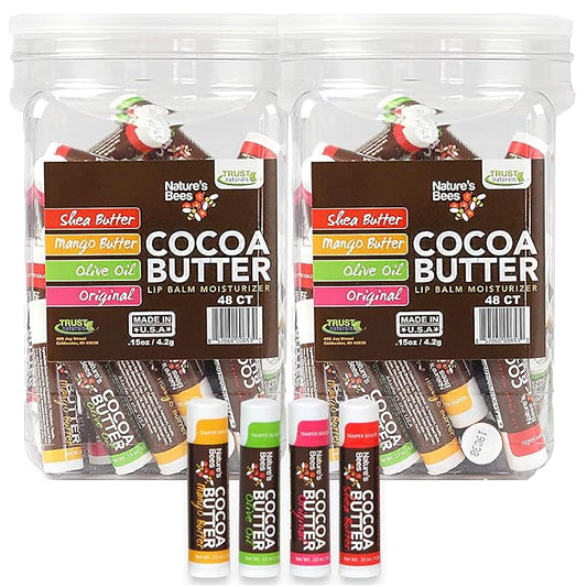 Nature's Bees Cocoa Butter Lip Balm, Original, Shea Butter, Olive Oil and Mango, Bulk Lip Care Pack for Dry Lips, Made with Coconut Oil, Beeswax, Vitamin E, Aloe, 0.15 oz 4 Flavors, 96 Pack