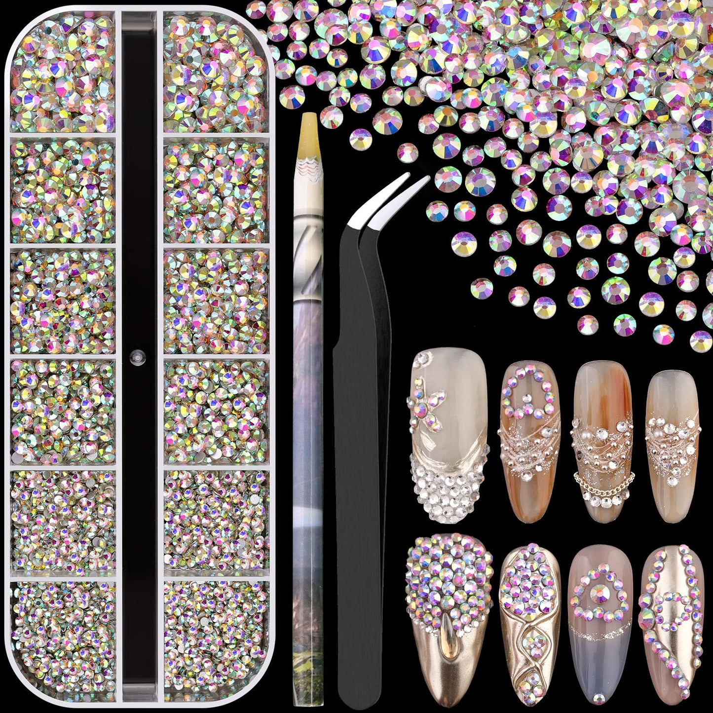 3600pcs Glass AB Nail Rhinestones 6 Sizes(1.8/2/2.4/2.8/3/4mm) Flatback Crystal Nail Charms Jewels Decoration for Nail Art and Crafting, Tweezer and Pickup Pen included