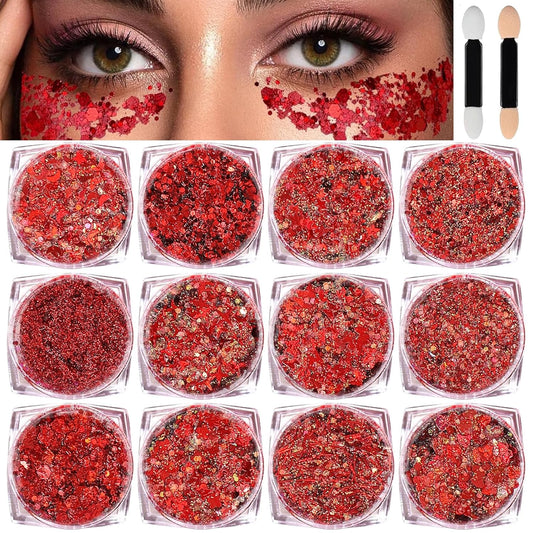 Body Glitter Face Glitter, Hair Glitter for Kids, 12 Shapes Fine Chunky Glitter Gel for Women Girls Makeup Sparkles Party Mermaid Sequins Rave Accessories Singer Concerts Festival (Red Scheme)