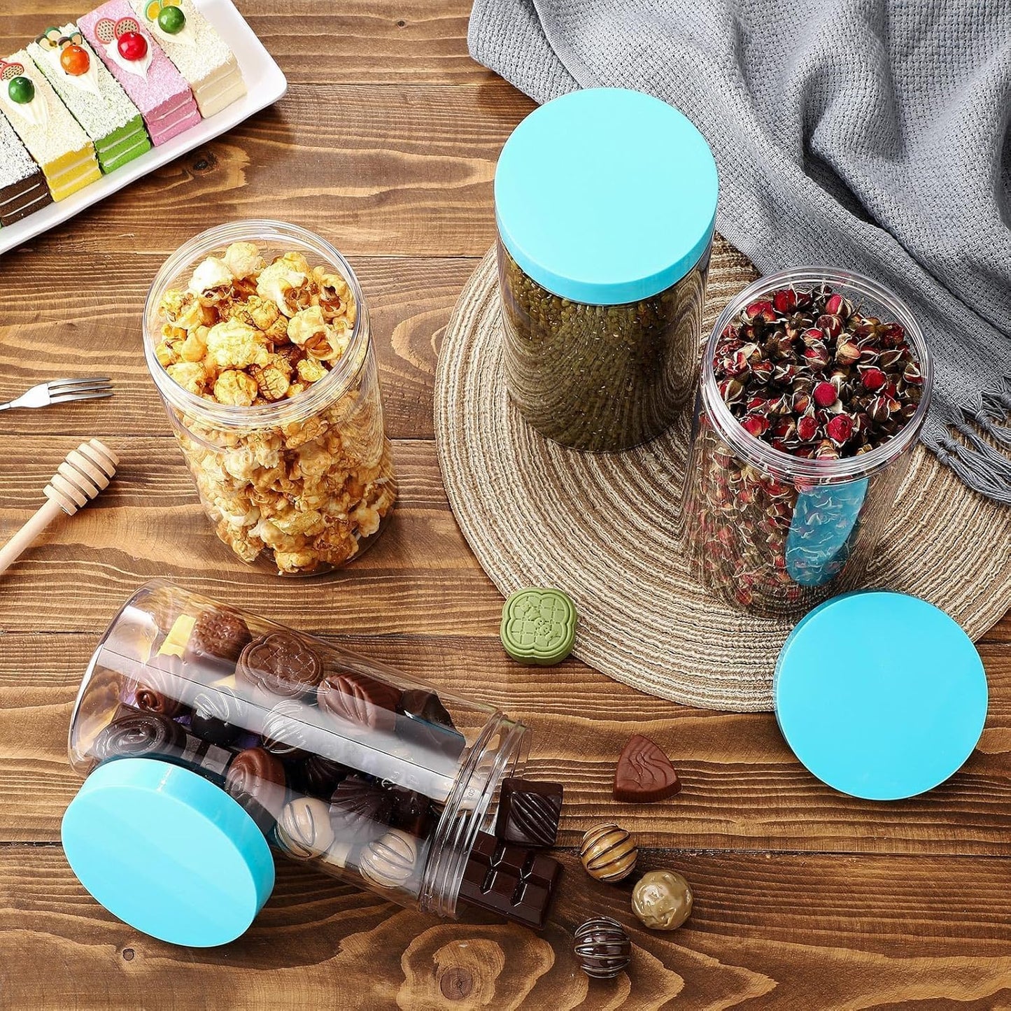 SATINIOR 12 Pack 32 oz Plastic Container Jars with Lids Round Clear Travel Cosmetic Container Slime Jars for Toiletries, Lotion, Cream, Ointments, Makeup, Rhinestone, Samples, Kitchen Storage(Blue)