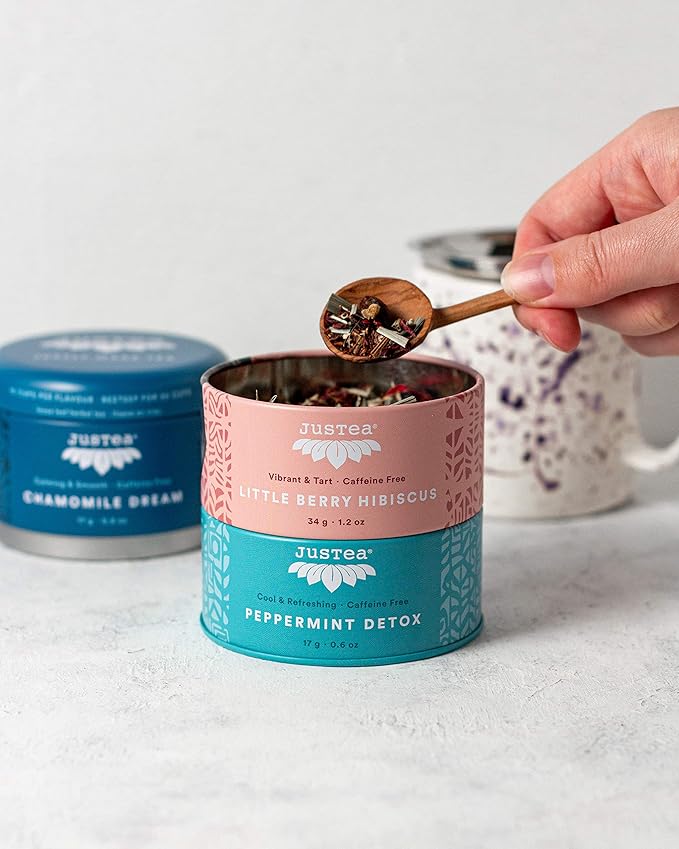 JusTea Herbal Tea Trio | Stacking Tins Variety Pack with Hand Carved Tea Spoon | Loose Leaf Tea | Caffeine Free | Award-Winning | Fair Trade | Non-GMO