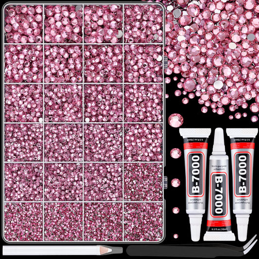 25000Pcs Resin Rhinestones with Tweezers for Crafting, Dark Pink 2-6mm Mixed Sizes Bedazzling Crystal with 3Pcs 10ml B7000 Jewelry Glue for DIY Crafts Clothing Tumblers Shoes Fabric Nail Art