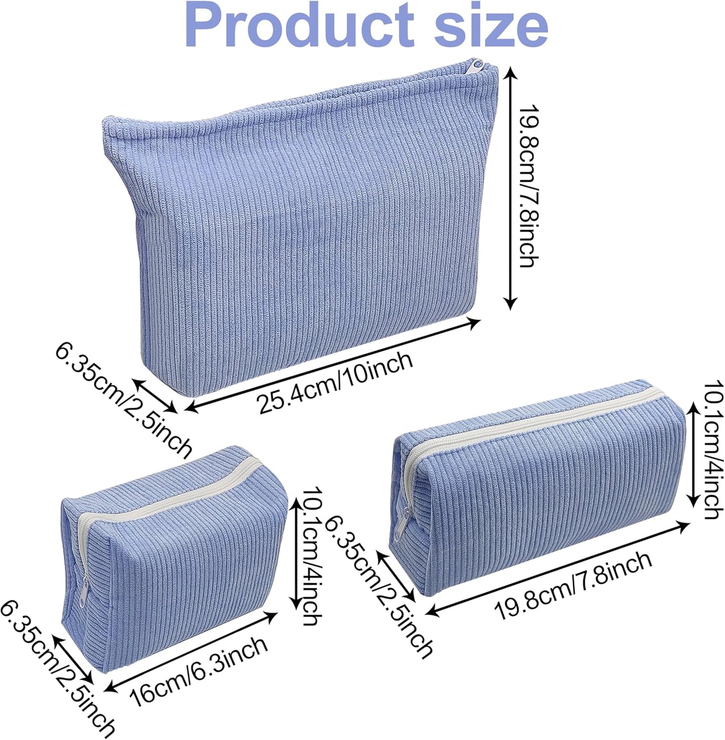 3 Pieces Makeup Bag Cosmetic Bag,Blue Small Zipper Pouch,Corduroy Makeup Purse Pouch,Cute Mini MakeUp Pouch,Cute Preppy Aesthetic Stuff for Girls