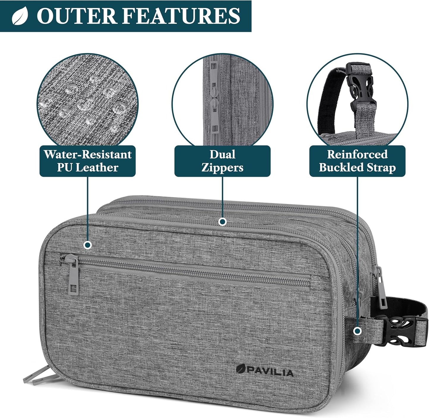 PAVILIA Toiletry Bag for Men, Travel Pouch Essentials Shaving Dopp Kit, Travel Bag Toiletries Organizer Case, Cosmetic Make Up Accessory, Water Resistant