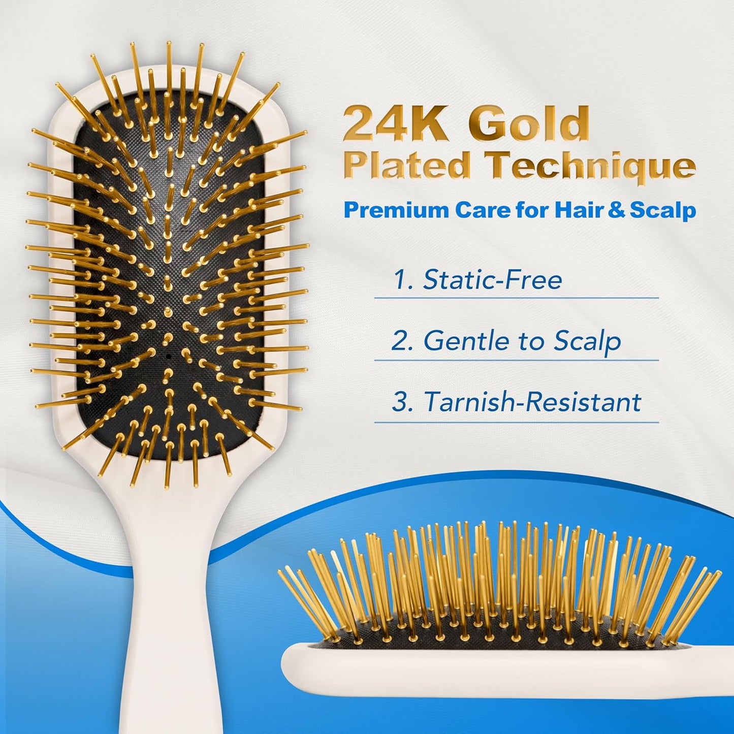 24K Gold Plated Paddle Hair Brushes for Women, Brush for Curly Hair, Detangling Brush for Wet & Dry, Detangler for All Types, Hair Styling Tool for Blow Drying, Luxury Salon Quality