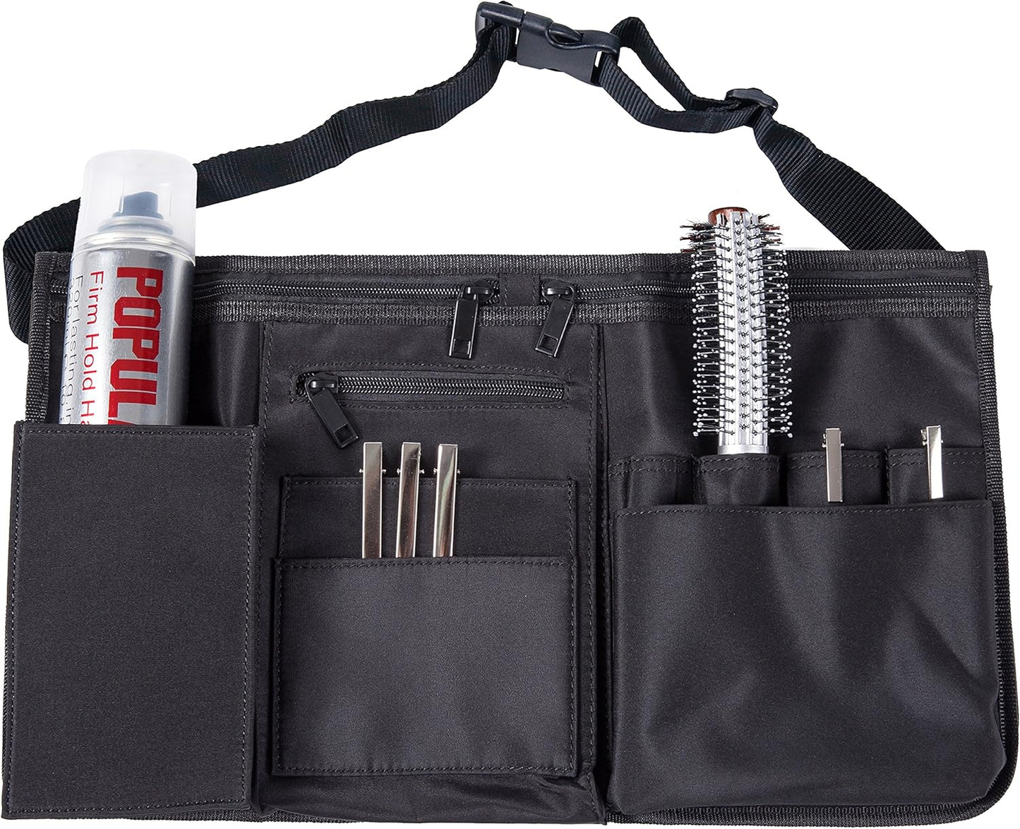 MyGift Professional Black Salon Apron, Makeup Artist Cosmetic Canvas Waist Apron, Multiple Pocket Brush Bag Organizer