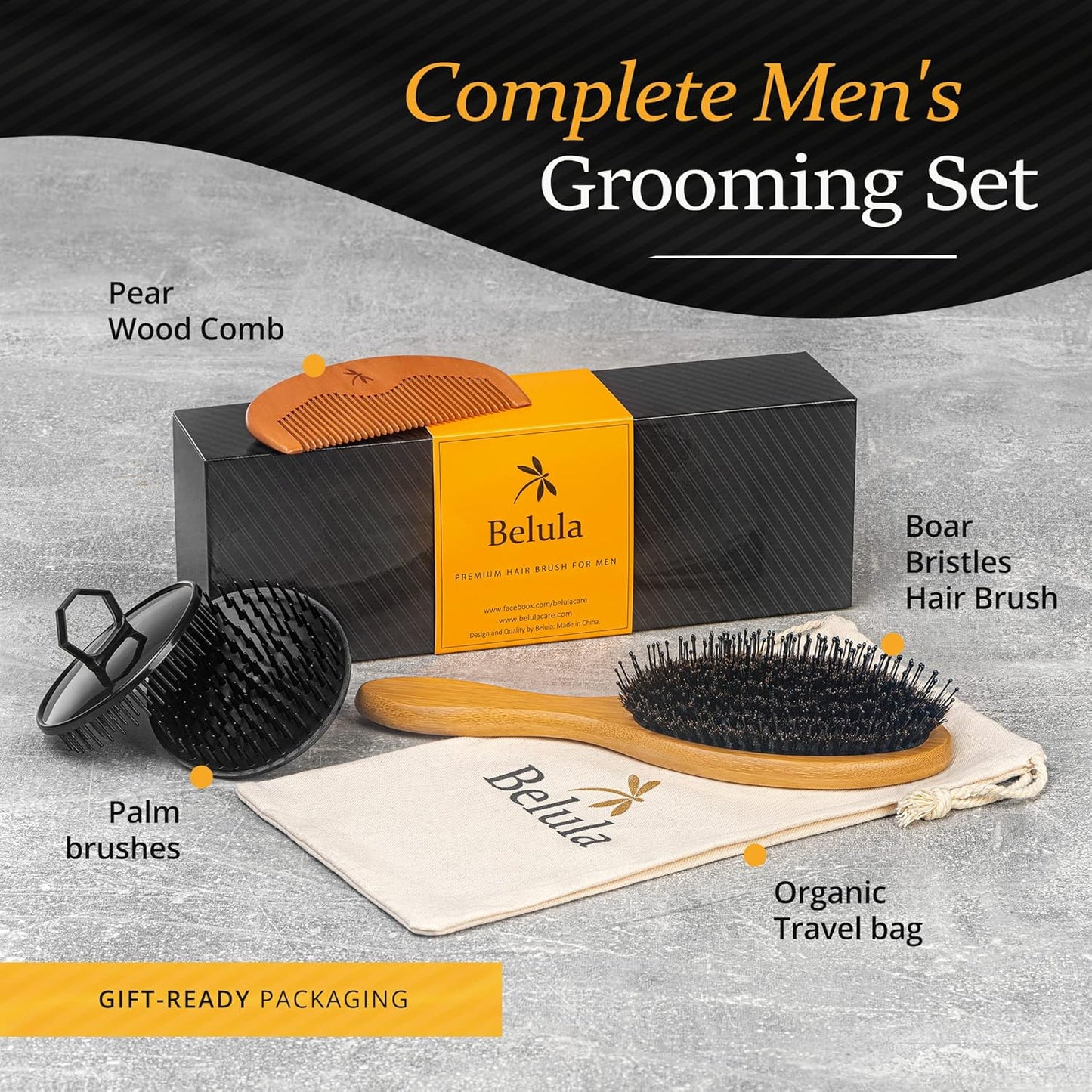 Belula Men's Hair Grooming Set: Boar Bristle Brush, Nylon Pin Brush, Wooden Comb, and Travel Bag for Styling